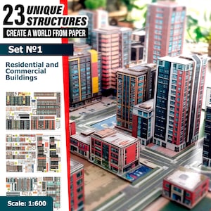 Puede incluir: Un kit de manualidades en papel con 23 estructuras únicas, incluyendo edificios residenciales y comerciales. El set incluye hojas impresas con diseños de edificios a escala 1:600. El texto dice 23 UNIQUE STRUCTURES CREATE A WORLD FROM PAPER Set No1 Residential and Commercial Buildings Scale: 1:600.