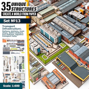 May include: A paper model kit titled 35 Unique Structures Create a World From Paper Set No 13 Transport Infrastructure. The kit includes printed sheets for railway stations, tram stops, bus stations, and logistics hubs at a 1:600 scale.