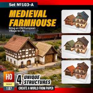 May include: A Set №103-A Medieval Farmhouse model kit in HO 1:87 scale. The image displays a paper craft building set featuring a white farmhouse with brown timber framing, a brown roof, and an attached barn. Three variations are shown.