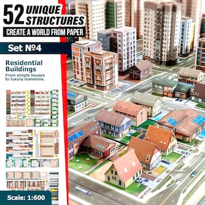 Puede incluir: Un kit de manualidades en papel con 52 estructuras únicas, incluyendo edificios residenciales desde casas sencillas hasta mansiones de lujo. El set incluye hojas impresas con componentes a escala 1:600, mostrando un diseño de ciudad en miniatura.