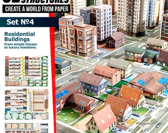 May include: A paper craft kit featuring 52 unique structures, including residential buildings from simple houses to luxury mansions. The set includes printed sheets with building components and a scale of 1:600, showcasing a miniature city layout.