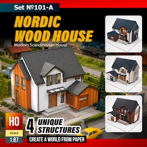 以下が含まれることがあります： HOスケール1:87の4つのユニークな構造物を含むモデルキット「Set No101-A Nordic Wood House Modern Scandinavian House」。このキットには、白と木目調の壁、ダークグレーの屋根を持つ家を組み立てるための紙製コンポーネントが含まれています。