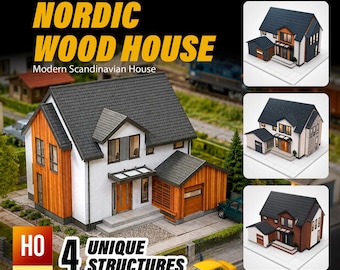 May include: A model kit labeled Set No101-A Nordic Wood House Modern Scandinavian House featuring four unique structures in HO 1:87 scale. The kit includes paper components to build white and wood-toned houses with dark gray roofs.