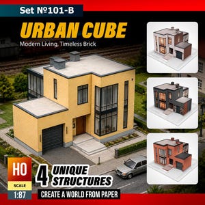 May include: A model kit titled Set No101-B Urban Cube featuring a yellow brick house with large windows and a garage. The kit includes four unique structures in 1:87 HO scale, shown in white, dark gray, and orange variations for paper assembly.