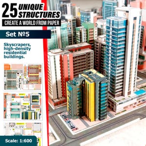 Puede incluir: Un kit de modelos de papel con 25 estructuras únicas, incluyendo rascacielos y edificios residenciales de alta densidad. El set incluye hojas impresas con diseños de edificios y una escala 1:600. El texto dice 25 UNIQUE STRUCTURES CREATE A WORLD FROM PAPER Set No5.