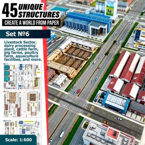 May include: A paper craft kit featuring 45 unique structures for a 1:600 scale model city. The set includes a livestock sector, dairy processing plant, cattle farm, pig farms, poultry farm, and aquaculture facilities with printed assembly sheets.
