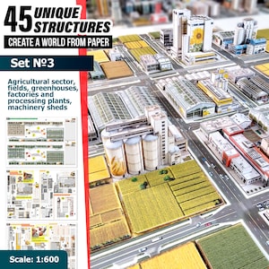 Può includere: Un kit di modelli in carta con 45 strutture uniche per un paesaggio agricolo. Il set include campi, serre, fabbriche, impianti di lavorazione e capannoni. Il testo recita 45 UNIQUE STRUCTURES CREATE A WORLD FROM PAPER Set No3 Agricultural sector, fields, greenhouses, factories and processing plants, machinery sheds Scale: 1:600.