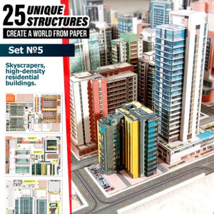 May include: A miniature cityscape model featuring skyscrapers and high-density residential buildings. The model includes a variety of colorful buildings, with the text "25 UNIQUE STRUCTURES CREATE A WORLD FROM PAPER" and "Set №5" visible.