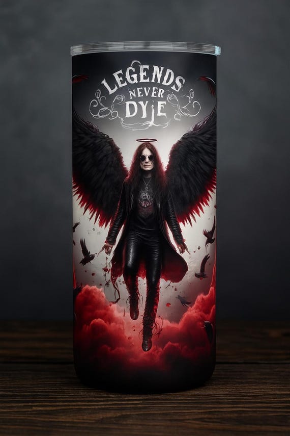 Legends Never Die Gothic Tumbler – 20oz Skinny Cup with Dark Angel Wings, Red Cloud Wrap, Rock Tribute Drinkware, Gift for Fans