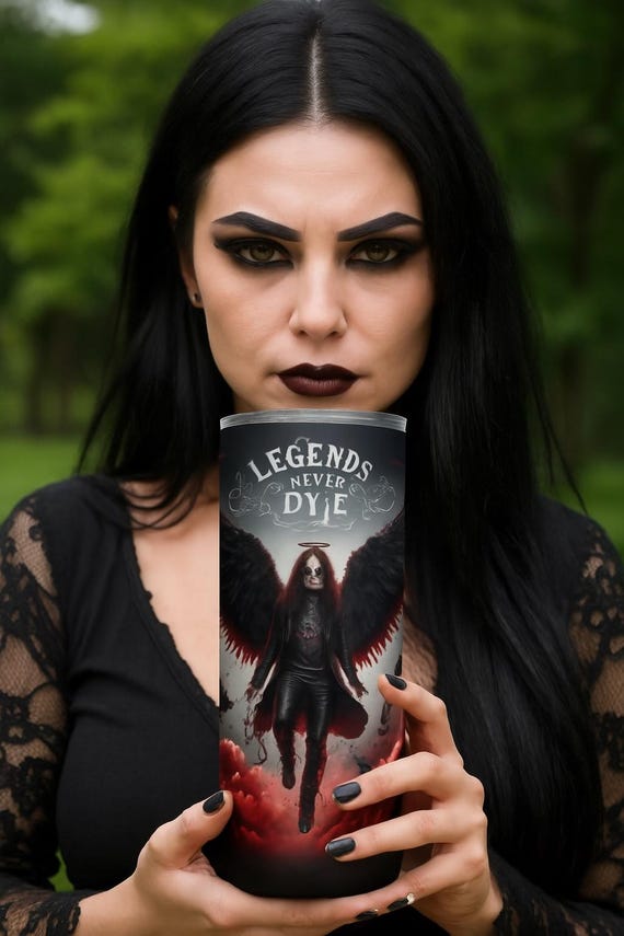 Legends Never Die Gothic Tumbler – 20oz Skinny Cup with Dark Angel Wings, Red Cloud Wrap, Rock Tribute Drinkware, Gift for Fans