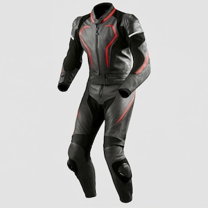 Combinaison moto de course en cuir pour homme | 1 pièce en cuir de moto noir et rouge avec protection blindée CE | Équipement de piste et de rue Pro Rider.