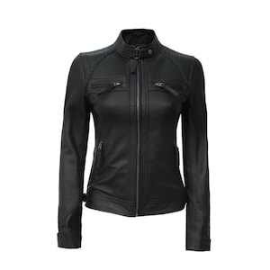 Women&#39;s Leather Jacket | Women’s Black Biker Leather Jacket |  Slim Fit Moto Style With Quilted Shoulder Panels | Women&#39;s Motorcycle Jacket.