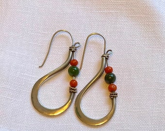 Unique large sterling silver wire and beaded earrings, green & coral colored beads, swoops, swirls of silver, big boho beauties, gift idea