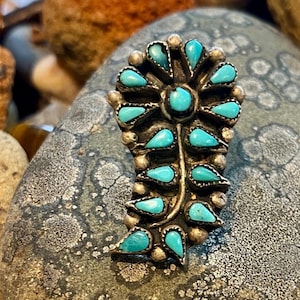 Vintage reclaimed petit point brooch hat pin, turquoise and sterling silver