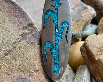 Vintage Southwest Native Corn ring Size 5, Turquoise chip mosaic inlay