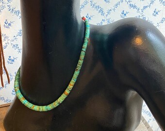 Vintage turquoise heishi choker necklace, sterling silver hook clasp & adjust chain, smooth graduated beads red coral accents Pueblo style