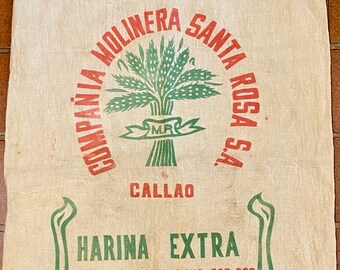 Vintage large feed sack, 22x30”, 50 kilo bag for Harina Extra, red and green print.