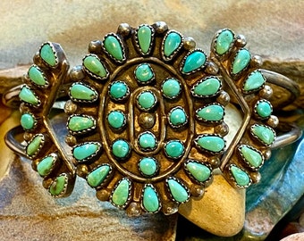 Old pawn Zuni petit point turquoise & sterling silver cuff bracelet, 40 delicately clustered gems, vintage patina intact, stunning rare find