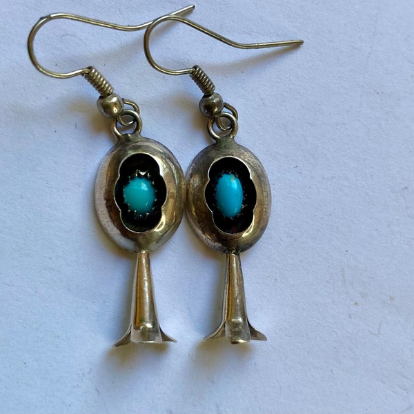 Old pawn squash blossom & turquoise in shadow box sterling silver drop earrings. Not perfect but vintage beauties all the same, Zuni style