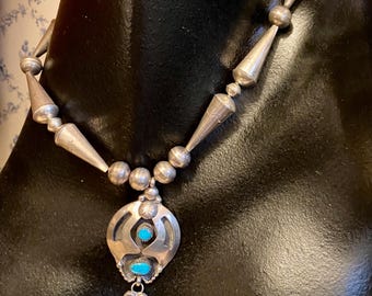 Vintage Sterling Silver Bench Bead Necklace with Turquoise Pendant: Southwest Design, 42g