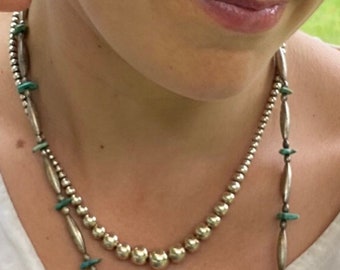 Vintage sterling silver beads graduated necklace. Classic silver lovers must have. SW Tribal boho , 18.5” Navajo pearls, layering,