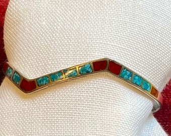 Vintage zigzag turquoise and red coral chip inlay cuff in sterling silver tribal boho Southwest style jewelry, colors of power stacking cuff