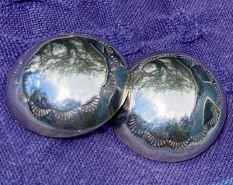 Big bench bead stud sterling silver stamped dome earrings, vintage old pawn Southwest desert pearls great companion to similar necklace?