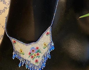 Vintage seed bead bib necklace, intricate flowers and crystal bead fringe, sterling clasp 16”