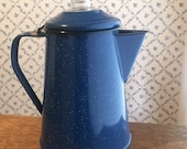 Old blue enamel speckle ware coffee pot. Cowboy coffee maker, percolator. Great vintage condition. Clear top to watch the fun