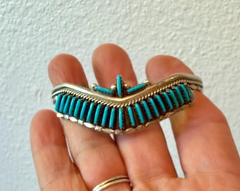 Sleeping Beauty Turquoise cuff,  sterling silver "sweater bracelet" petit point needlepoint setting,  Zuni silversmith Helen Harrison