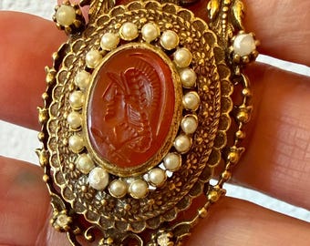 Victorian Revival MCM Roman Centurion cut Carnilian glass brooch, gold tone brass filigree