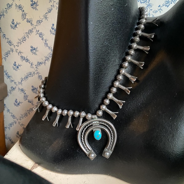 Vintage Naja pendant necklace, bench beads, turquoise, squash blossoms, Tribal 70g sterling silver