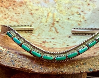 Delicate green & blue turquoise and sterling silver cuff. Zuni asymmetrical design