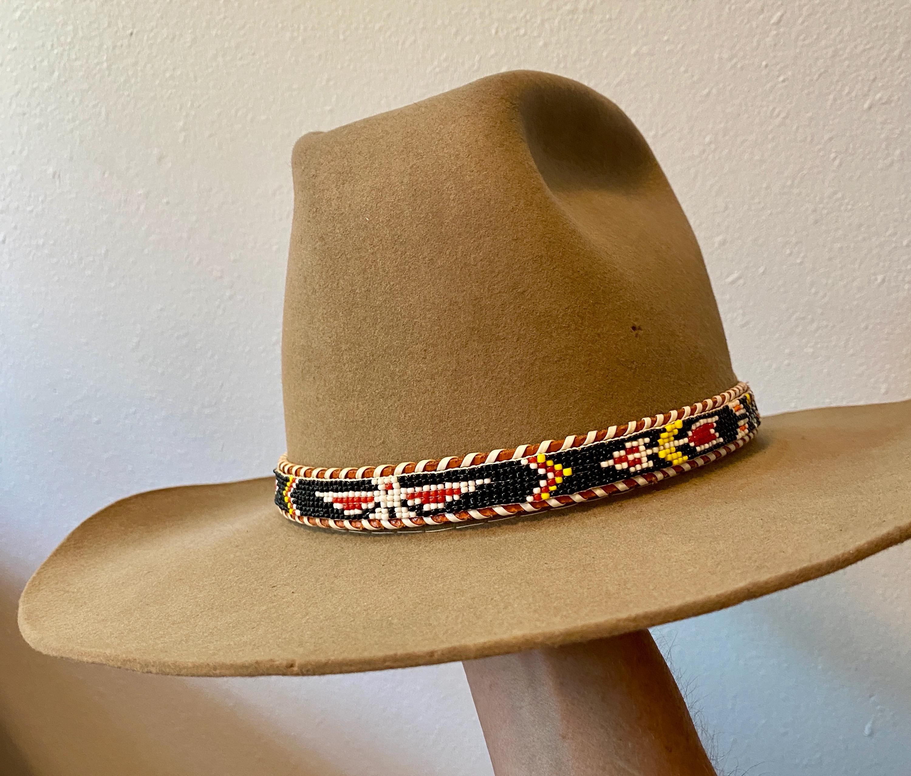Vintage Native Thunderbird Beaded Leather Hat Band SALE 50% OFF - Blue White Red Yellow Seed Beaded Thunderbird  main image 2