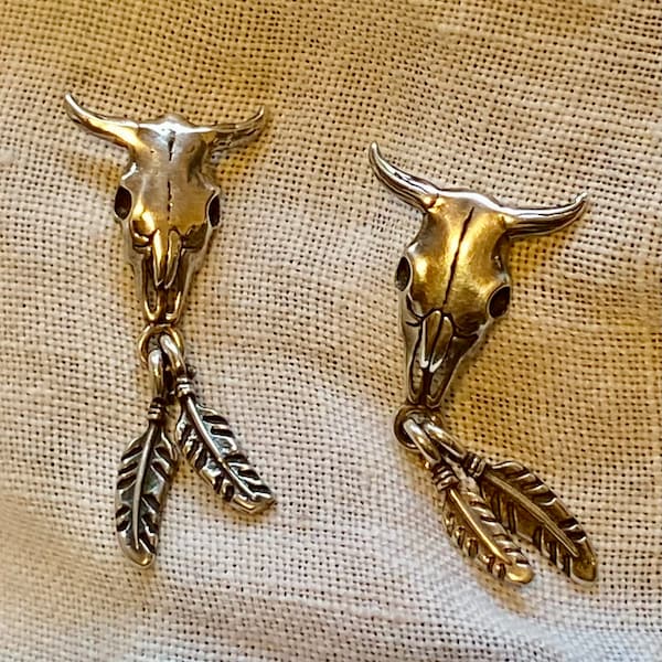 Sterling silver cow skull & feather earrings, Southwest desert style, post stud, cowgirl boho, signed Masha.