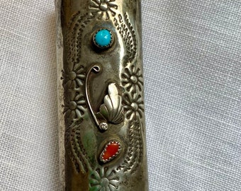 Vintage 70s lighter cover, 925 silver, turquoise and red coral gems stamped flower design, unisex gift, Southwest boho,its old but its good!