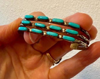 Vintage sleeping beauty turquoise & sterling silver petit point 3 row cuff bracelet