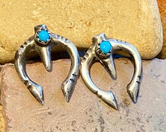 Vintage Sterling Silver Naja stud earrings, tiny sand cast, turquoise gem