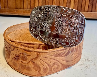 Vintage Tooled Leather Belt, Silver Floral Buckle, Hand Carved Western Southwest Style