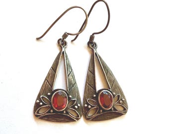 Vintage sterling silver earrings, brutalist art deco shield design with red crystal
