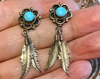 Navajo sterling silver turquoise stud earrings with feather dangles, rope twist, shadow box elements, clear sky blue turquoise gems