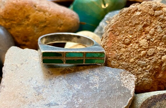 Vintage turquoise and sterling silver flush inlay… - image 8
