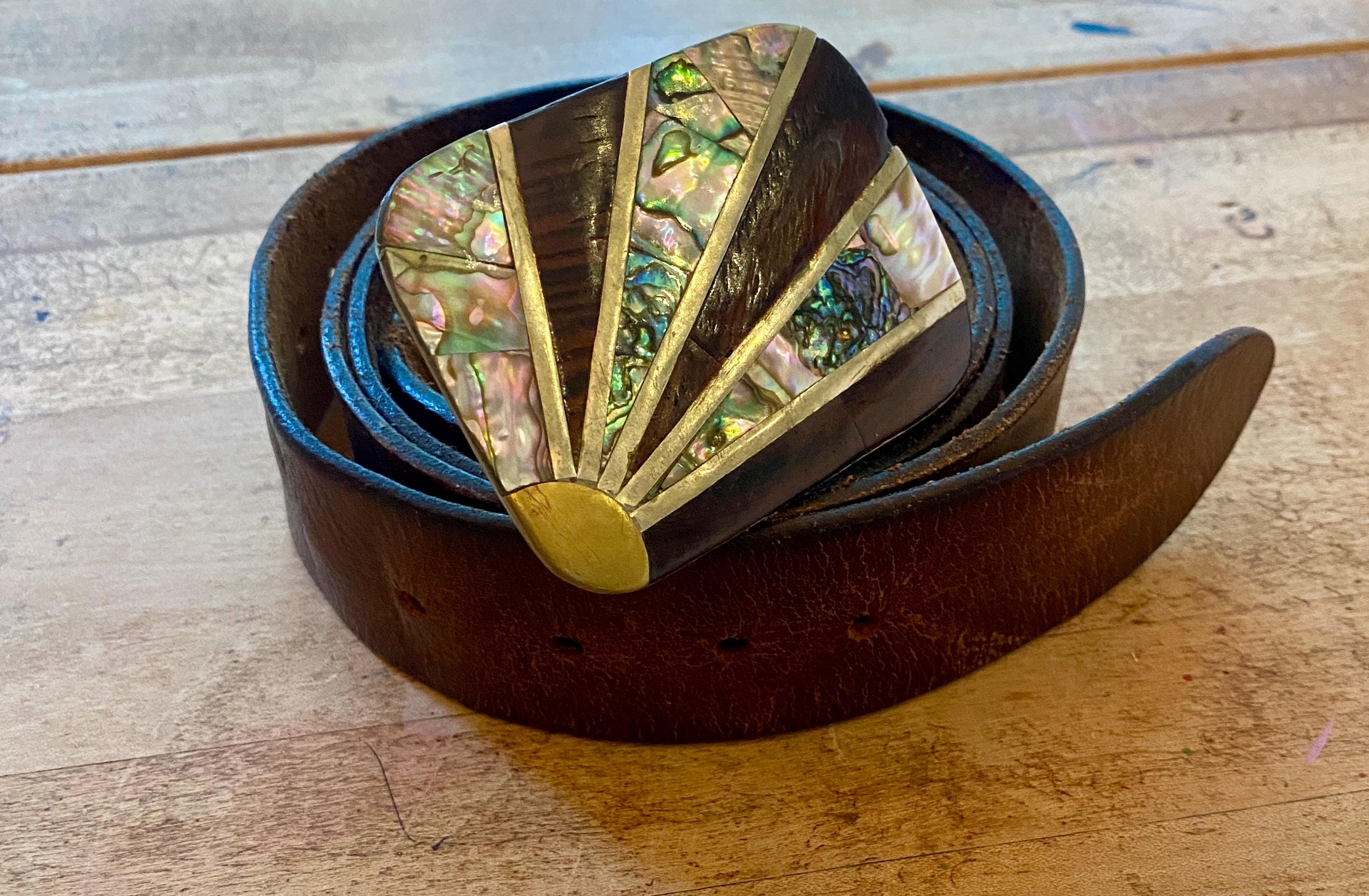 EUC Vintage LEATHEROCK Soft Leather Brass Belt and Abalone Buckle Set Vintage Abalone Shell & Brass Belt Buckle – Dovetail main image 3