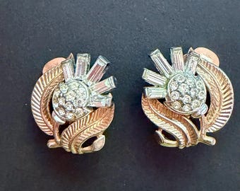Vintage MCM 1954 Crown Trafari Thistle clip-on earrings, gold tone with rhinestones