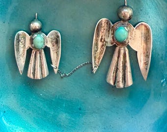 Vintage Thunderbird Sterling Silver Turquoise Chatelaine Pin Set, Stylized Bird Eagle Double Brooch, Mid Century Mexico Figural