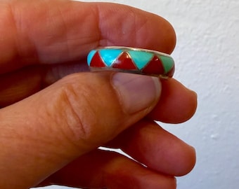 Vintage Southwest turquoise & red coral flush inlay band, size 10.75