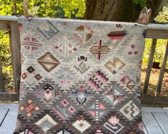 Victor Sulca Peruvian Handwoven Rug: Geometric Frog Motif, Earth Tones (45x59 inches)