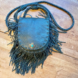 Vintage Leather Crossbody Purse: Sterling Silver Turquoise Cross, Braided Strap, fringe