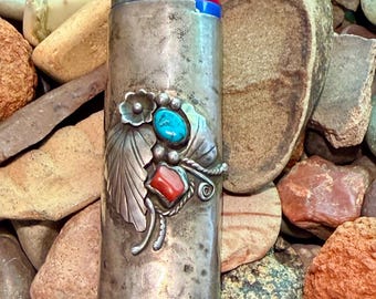 Sterling silver vintage lighter cover, red coral & turquoise gemstones, squash blossom and leaves, smoking Paraphernalia,