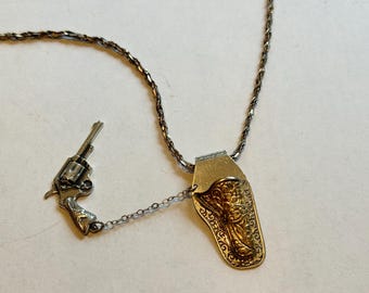 Rare Vintage 925 Bell Trading Co. Six-shooter and Holster pendant necklace, Cowboy Western style